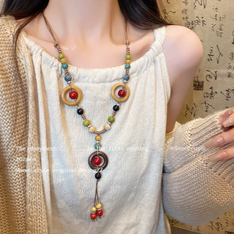 Wholesale New Chinese Zen retro feather necklace double layer long sweater chain Bohemian